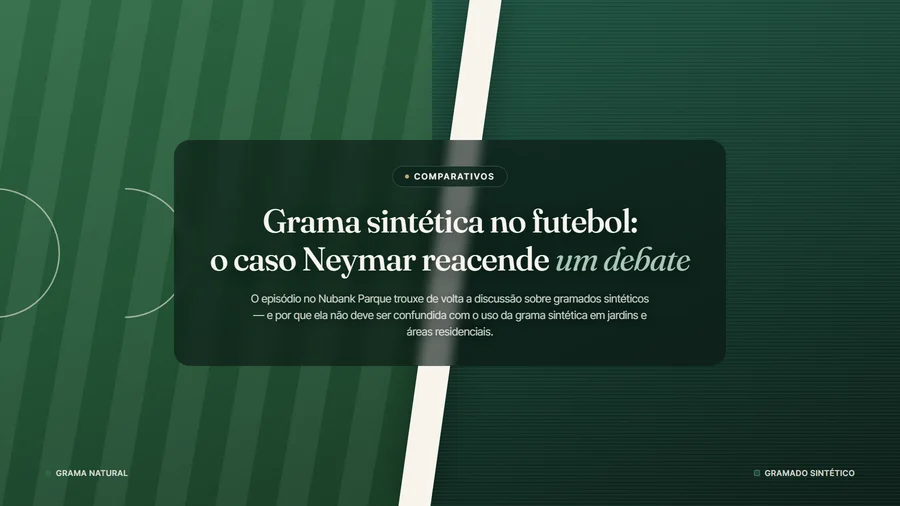 Comparação editorial entre gramado natural e gramado sintético em campo de futebol